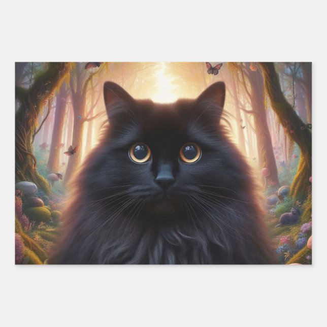 Beautiful Fluffy Black Cat with Gold Eyes Wrapping Paper Sheets (Front)