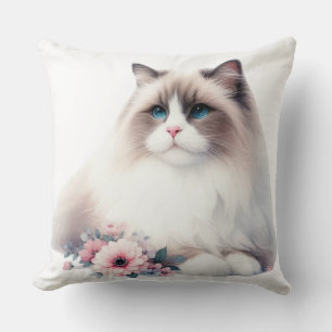 BEAUTIFUL FLUFFY RAGDOLL CAT WITH FLOWERS THROW PILLOW