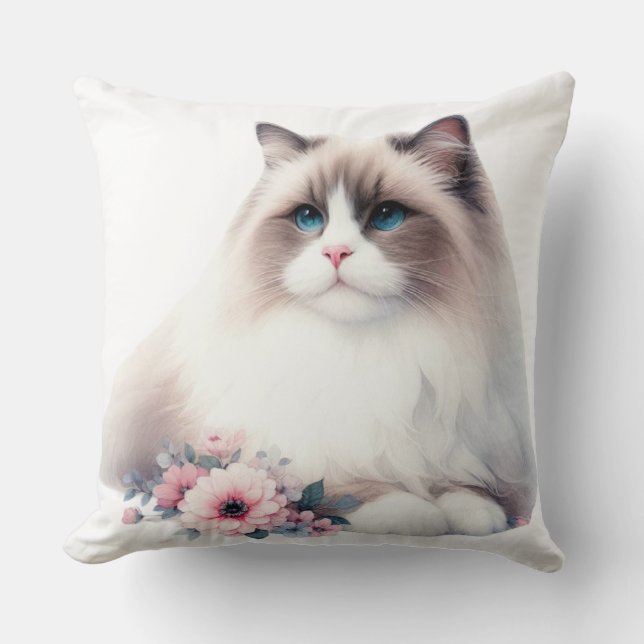 BEAUTIFUL FLUFFY RAGDOLL CAT WITH FLOWERS THROW PILLOW (Front)