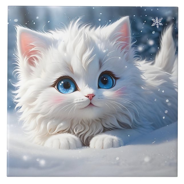 Beautiful Fluffy White Cat Blue Eyes Pink Cheeks Ceramic Tile (Front)