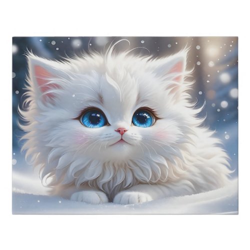Beautiful Fluffy White Cat Blue Eyes Pink Cheeks  Faux Canvas Print