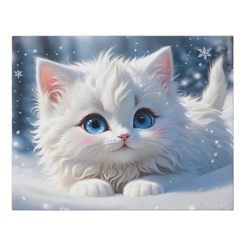 Beautiful Fluffy White Cat Blue Eyes Pink Cheeks  Faux Canvas Print