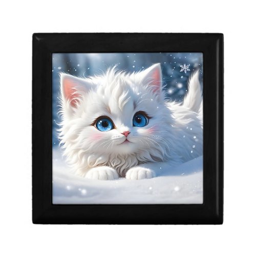 Beautiful Fluffy White Cat Blue Eyes Pink Cheeks Gift Box