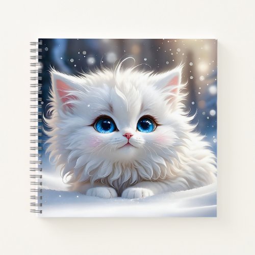 Beautiful Fluffy White Cat Blue Eyes Pink Cheeks  Notebook