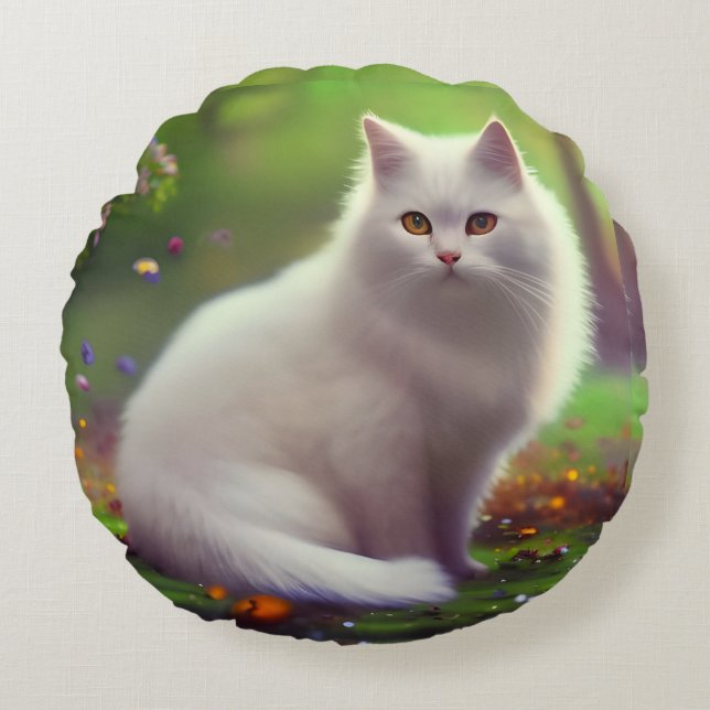 Beautiful Fluffy White Cat  Round Pillow (Front)