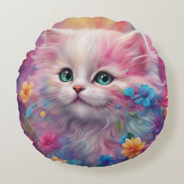 Beautiful Fluffy White Cat Round Pillow (Front)