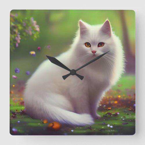 Beautiful Fluffy White Cat  Square Wall Clock