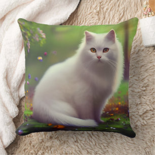 Beautiful Fluffy White Cat Throw Pillow