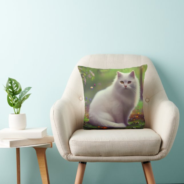 Beautiful Fluffy White Cat  Throw Pillow (Chair)