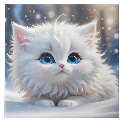 Beautiful Fluffy White Cat with Blue Eyes  Ceramic Tile