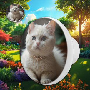 Beautiful Fluffy White Kitty with Collar Ceramic Knob