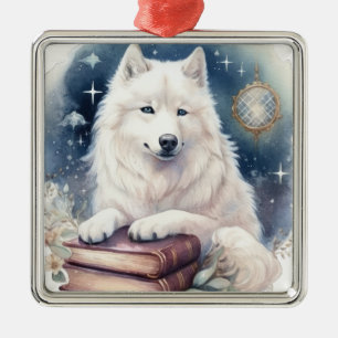 BEAUTIFUL FLUFFY WHITE SAMOYED DOG METAL ORNAMENT