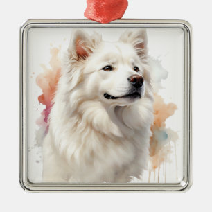 BEAUTIFUL FLUFFY WHITE SAMOYED DOG METAL ORNAMENT