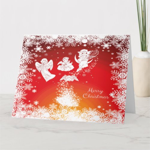 Beautiful Flying Christmas Angels_White Snow_Red  Card