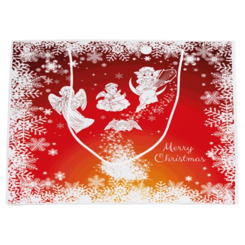 Beautiful Flying Christmas Angels_White Snow_Red  Large Gift Bag