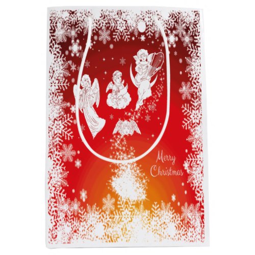 Beautiful Flying Christmas Angels_White Snow_Red  Medium Gift Bag