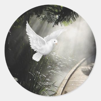 Beautiful Flying Dove In Sunbeam Classic Round Sticker by deemac2 at Zazzle