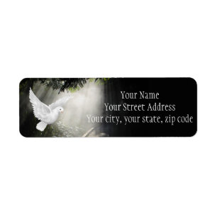 Beautiful flying dove in sunbeam label