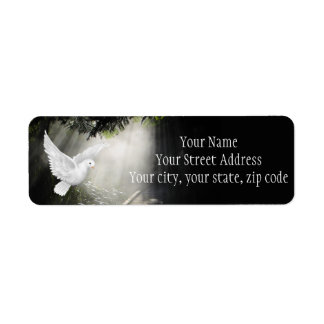 Beautiful flying dove in sunbeam label