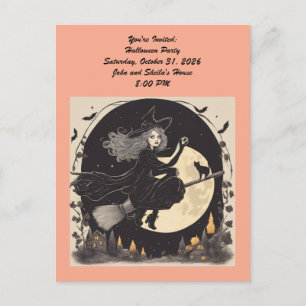 Beautiful flying witch pillow invitation postcard