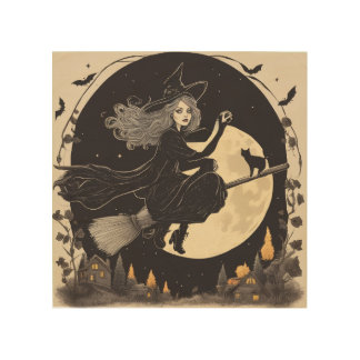 Beautiful flying witch pillow wood wall art