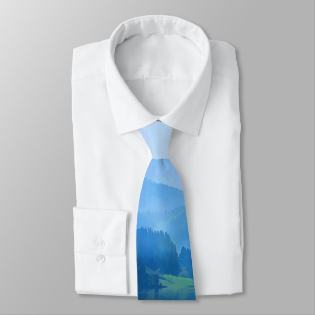 Beautiful Fog Mountain Lake Scenic Blue Water Neck Tie (Tied)