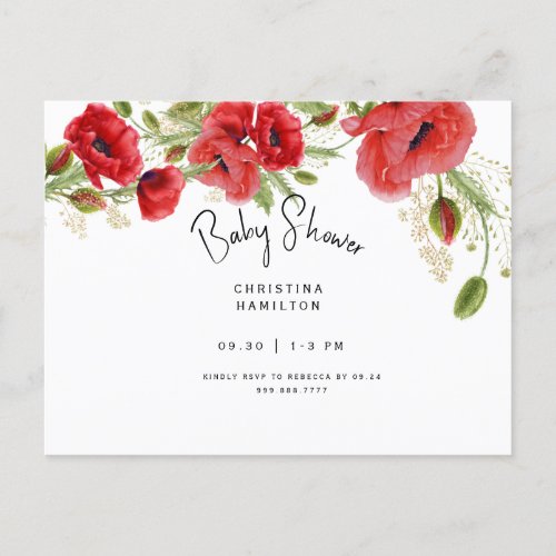 Beautiful Foliage Red Poppies Baby Shower Invitati Invitation Postcard