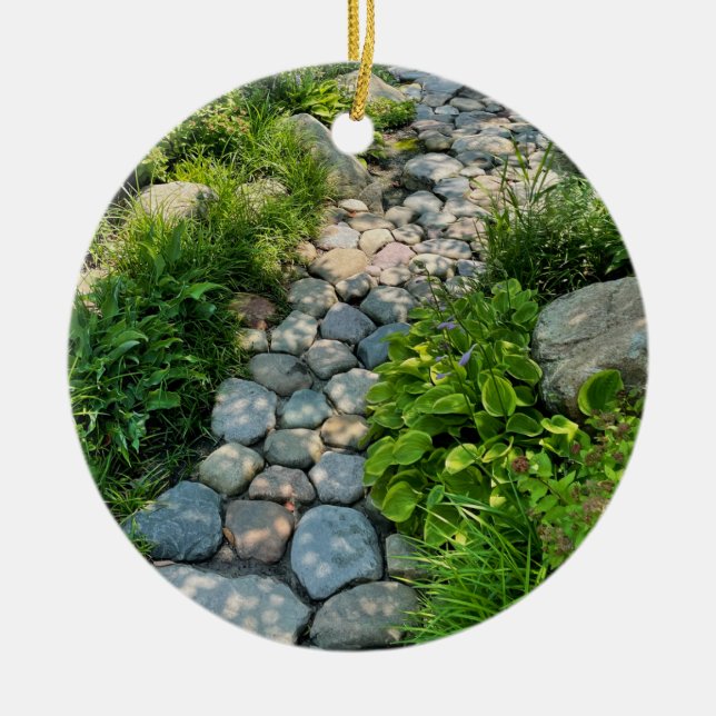 Beautiful forest scene sunny stone walkway photo  ceramic ornament (Front)