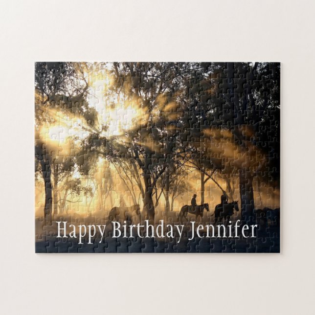 Beautiful Forest Sun Riding Horses Custom Name  Jigsaw Puzzle (Horizontal)