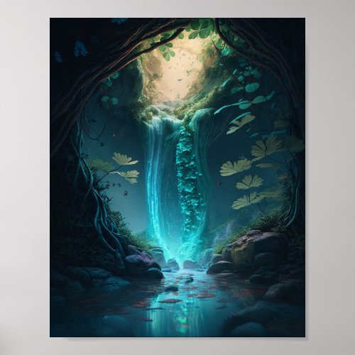 Beautiful Forest Waterfall Fantasy Forest Art Poster