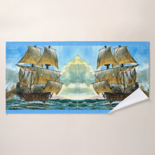 beautiful four-masted ship print bath towel set