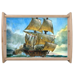 beautiful four-masted ship print serving tray