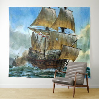 beautiful four-masted ship print tapestry