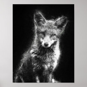 beautiful fox black and white sketch art poster