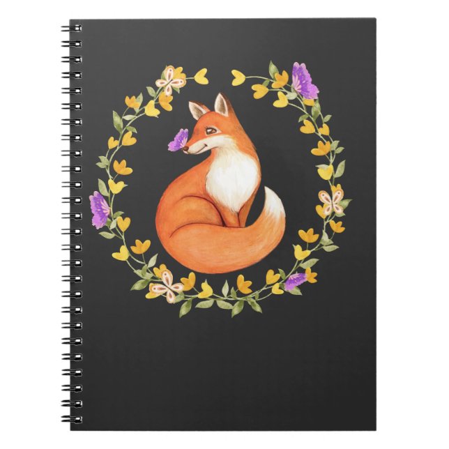 Beautiful Fox Floral Wreath Cute Butterfly Notebook (Front)