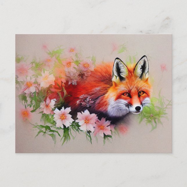 Beautiful Fox in Flowers Watercolor Postcard (Front)