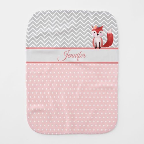 Beautiful Fox _ Monogrammed Grey And Pink Baby Burp Cloth