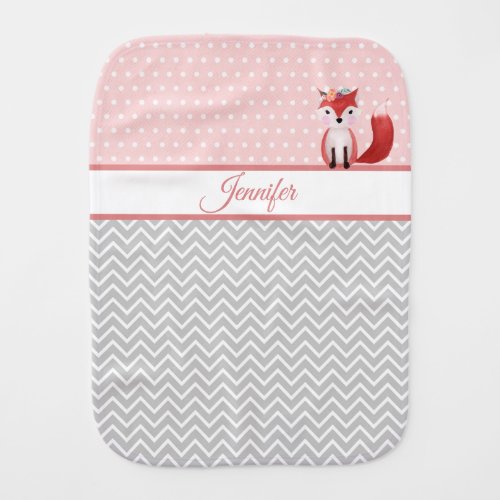 Beautiful Fox _ Monogrammed Pink And Gray Baby Burp Cloth