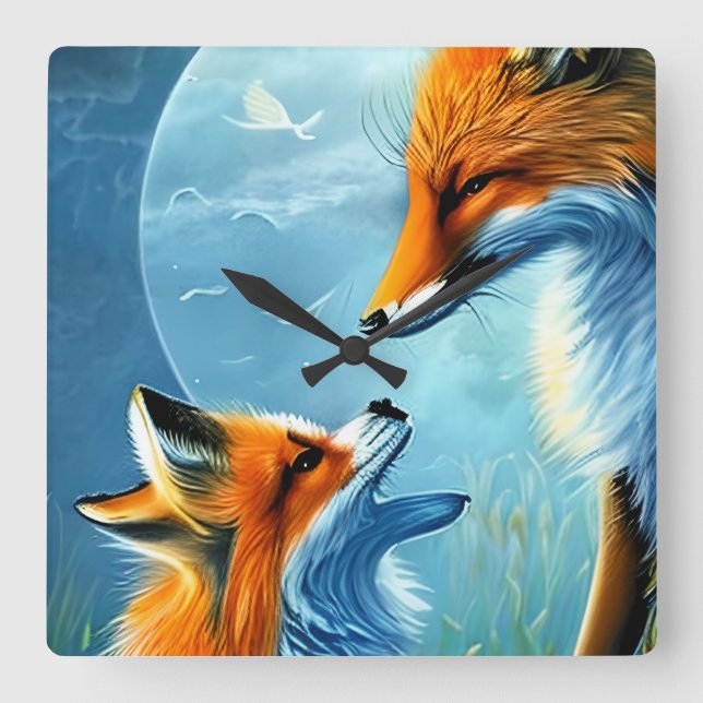 Beautiful Foxes Square Wall Clock (Front)