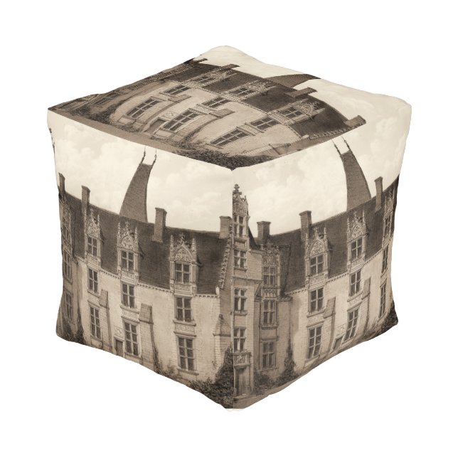 Beautiful French Chateau in Sepia Tones Pouf (Angled Front)