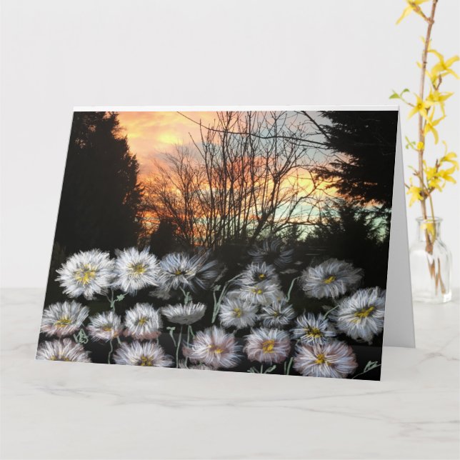 Beautiful, Fresh Daisies Against A Winter's Sunset Card (Yellow Flower)