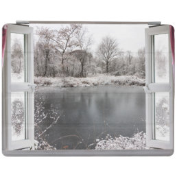 Beautiful frozen lake scene through an open window iPad smart cover