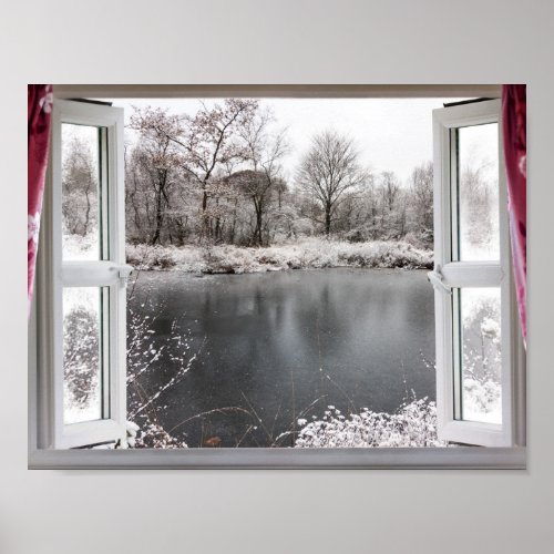 Beautiful frozen lake scene through an open window poster