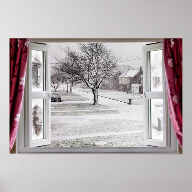 Beautiful frozen lake scene through an open window poster (Front)