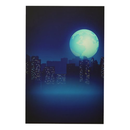 Beautiful Full Moon at Night on Cityscape Wood Wall Art
