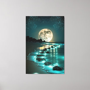 Beautiful Full Moon Beach Ocean Starry Night Canvas Print