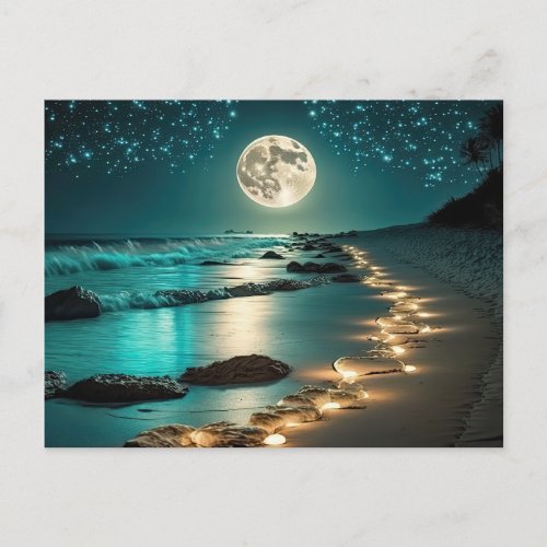 Beautiful Full Moon Beach Ocean Starry Night Postcard