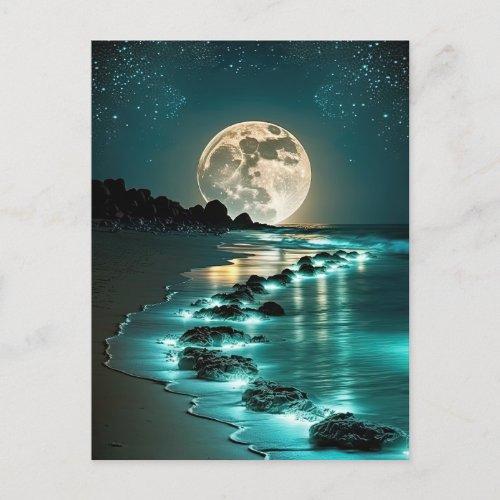 Beautiful Full Moon Beach Ocean Starry Night Postcard