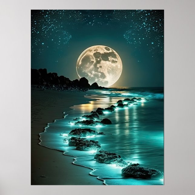 Beautiful Full Moon Beach Ocean Starry Night Poster (Front)
