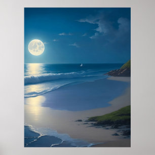 Beautiful Full Moon Ocean Art    Poster